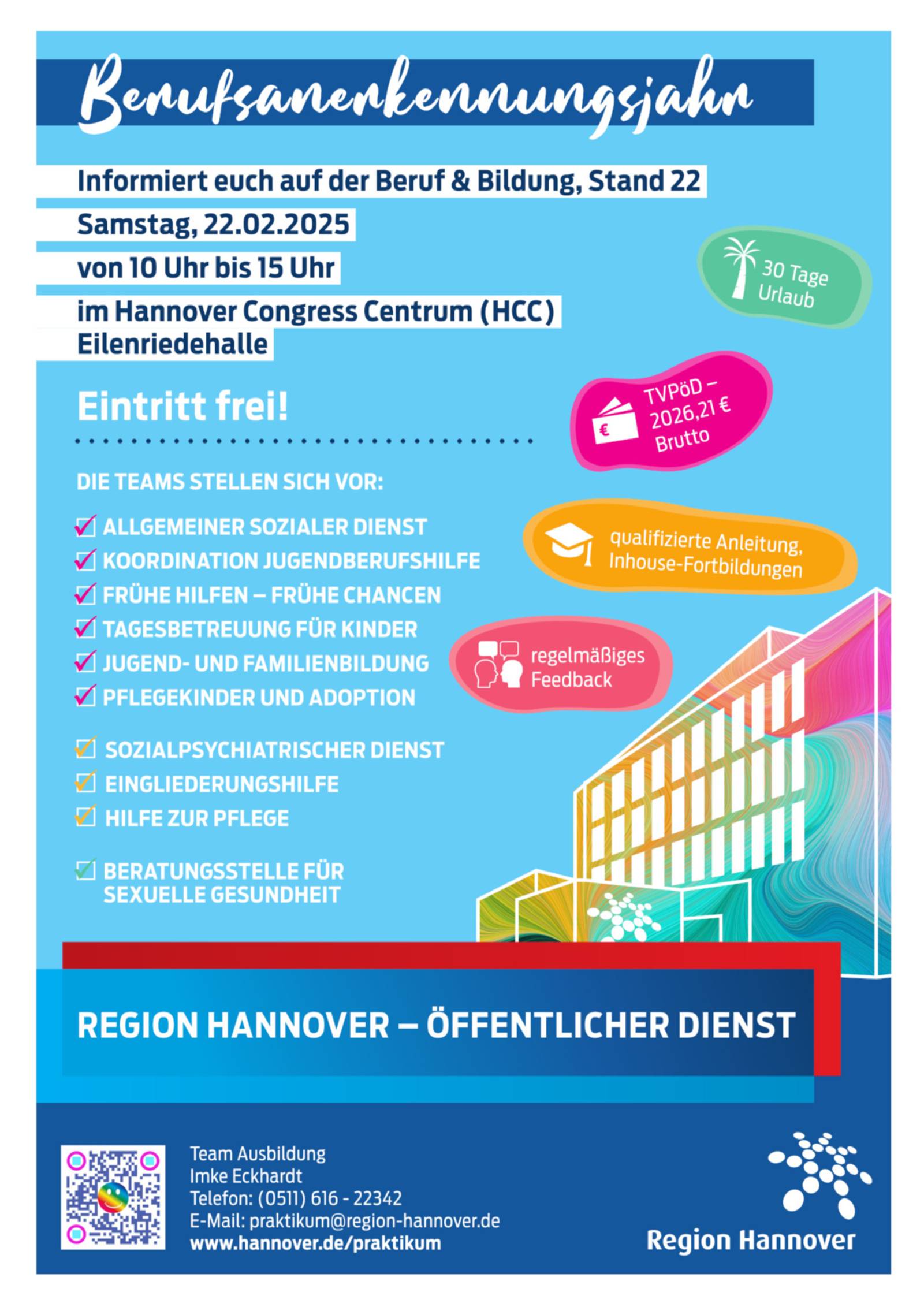 Plakat, das über die Präsenz der Region Hannover bei der Messe Beruf und Bildung am 22.02. im HCC hinweist.