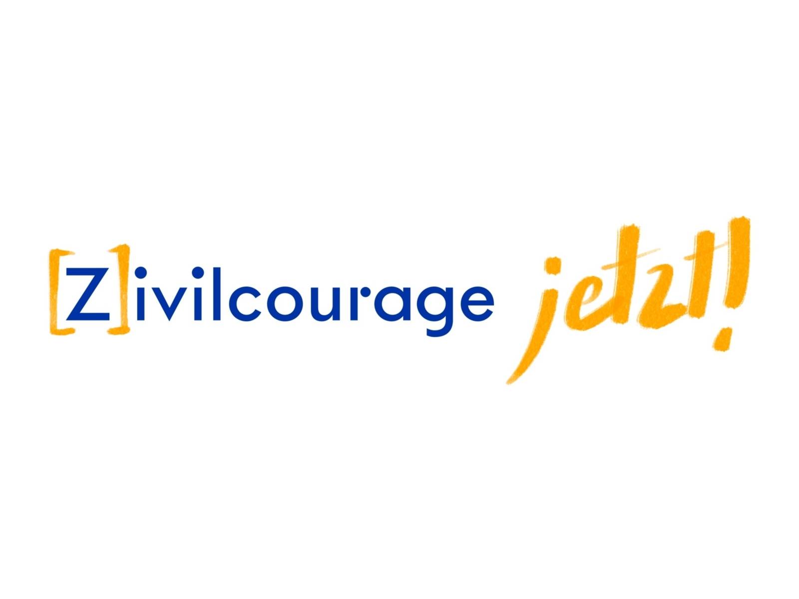 Das Bild zeigt das Logo der Veranstaltungsreihe. Zu lesen ist ihrTitel "[Z]ivilcourage jetzt!" in blauer und orangener Schrift.