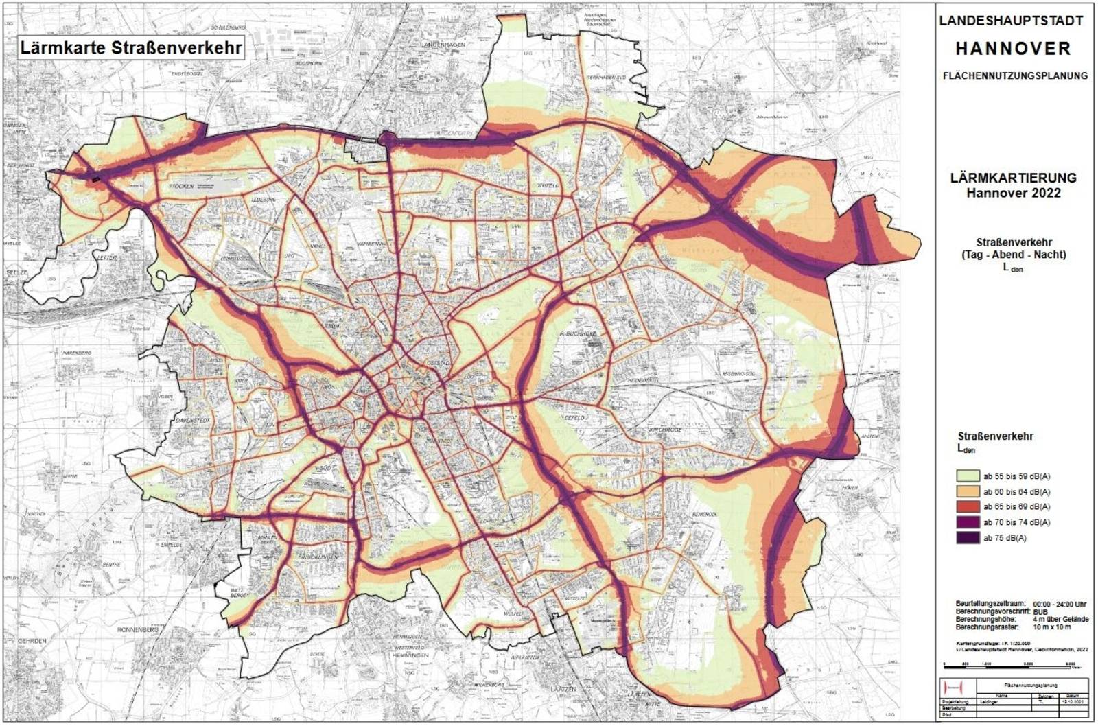 Eine Karte, in der der Lärm durch Straßenverkehr grafisch dargestellt ist.