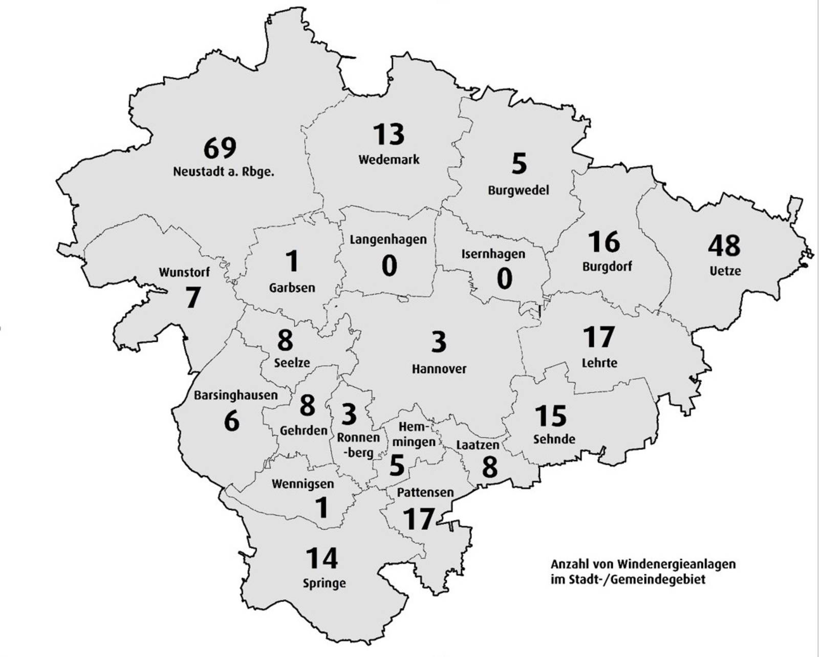 Schematische Darstellung der Region Hannover auf der die Anzahl der Windenergie-Anlage pro Kommune Stand September 2024 eingetragen ist