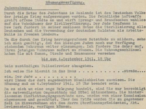 Ausschnitt der Räumungsverfügung der Stadt Hannover im Rahmen der "Aktion Lauterbacher" an die hannoverschen Juden vom 1. September 1941. Quelle: Stadtarchiv Hannover