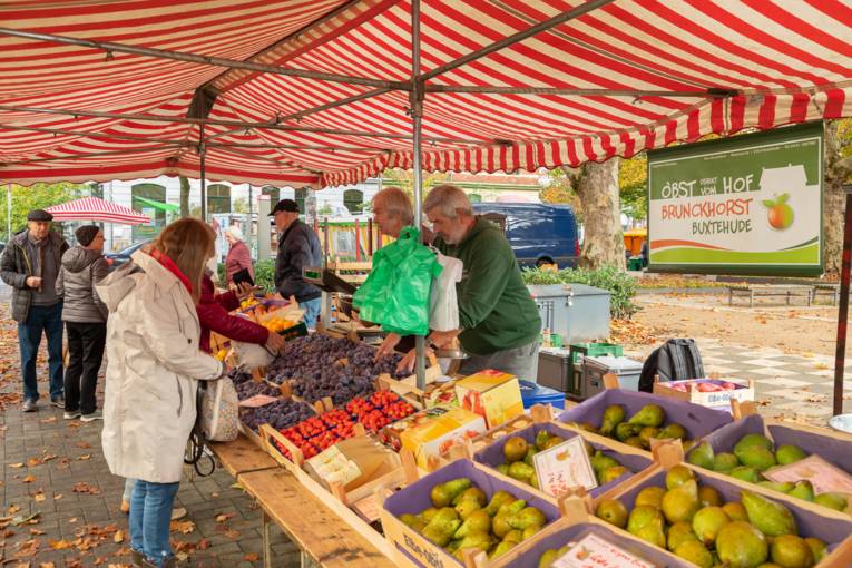 Kundschaft und Verkaufspersonal an einem Obststand auf dem Wochenmarkt in Döhren.