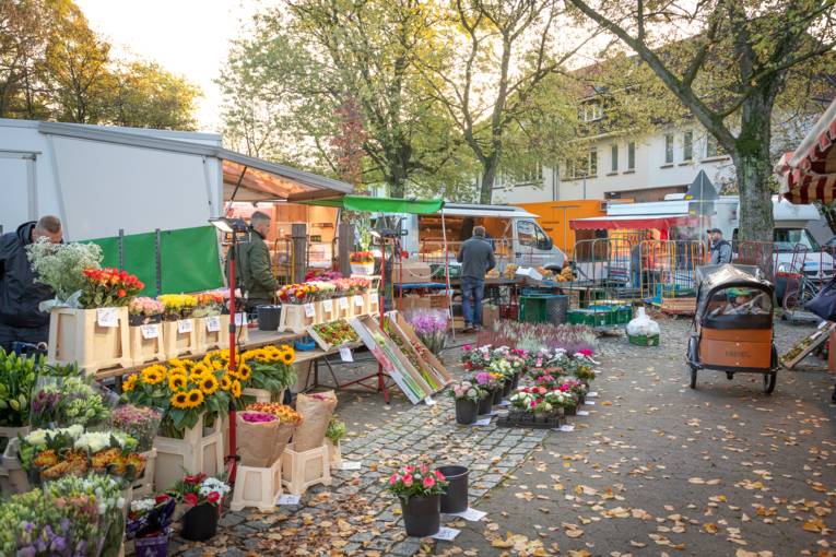 Ein Blumenstand auf dem Wochenmarkt im Zooviertel.