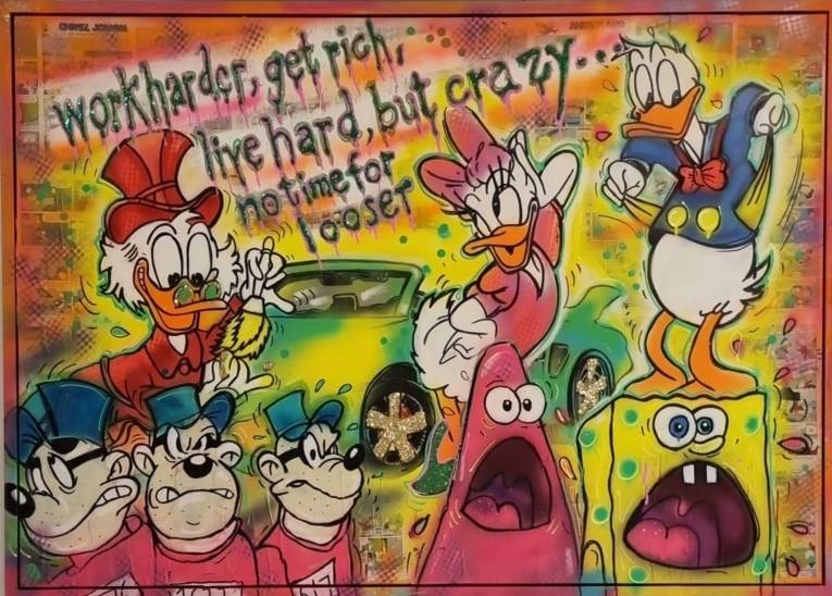 Dagobert, Daisy und Donald Duck gemeinsam auf einem Bild mit den Panzerknackern und zwei Figuren aus Spongebob